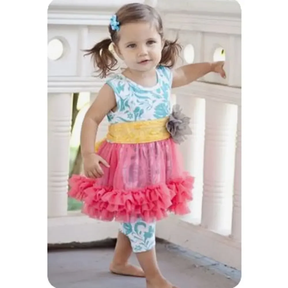 Giggle‎ Moon Girls Ruffle Floral Dress Sleeveless Pink Teal Yellow Size 5 HM10